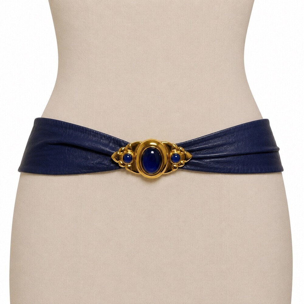 Vintage 80's Cobalt blue leather statement Belt with Gold Blue cabochon buckle